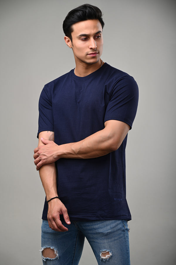Navy Blue Solid Cotton Round Neck Tshirt