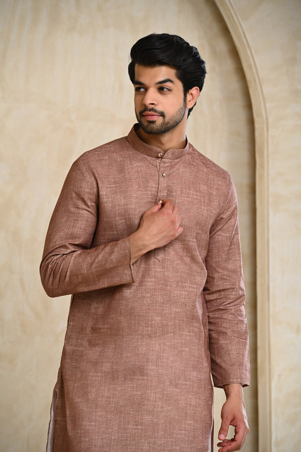 Brown Khadi Look Premium Cotton Kurta & White Pajamas