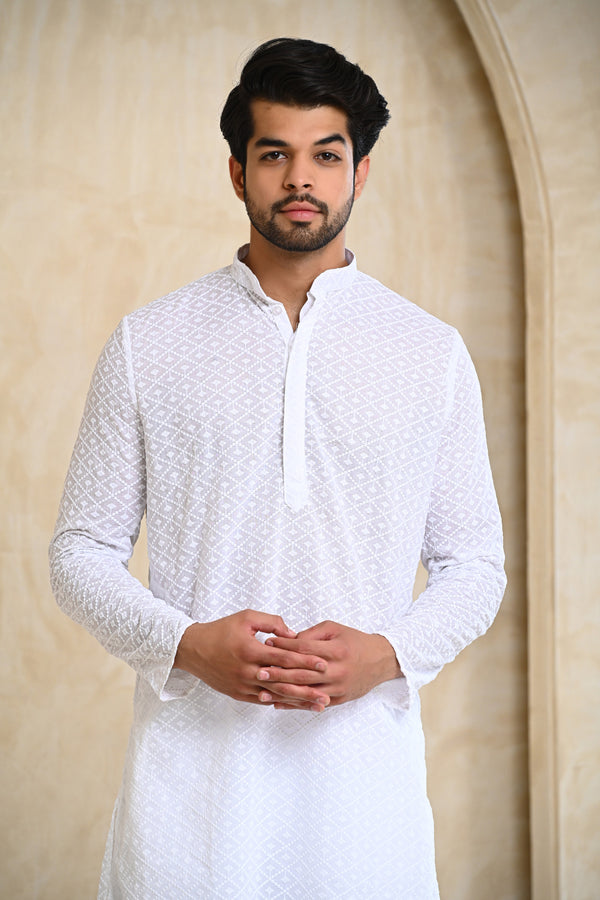White Embroidery Premium Cotton Kurta & White Pajamas