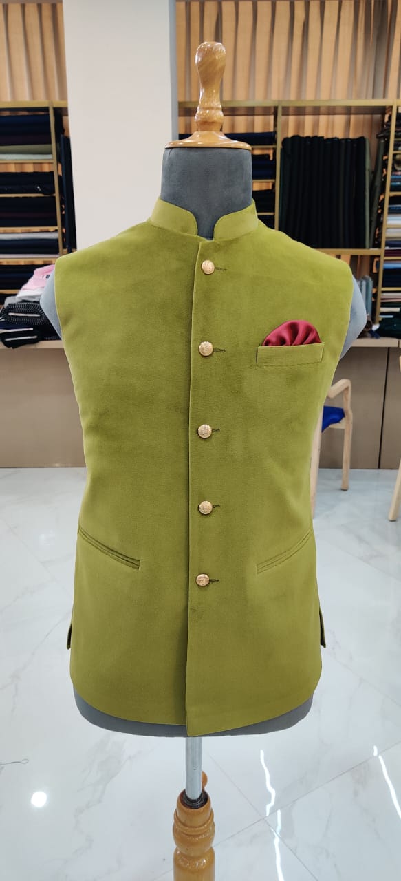 Mahendi Green Velvet Nehru Jacket for Men