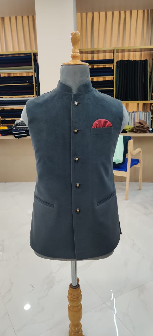 Dark Grey Velvet Nehru Jacket for Men