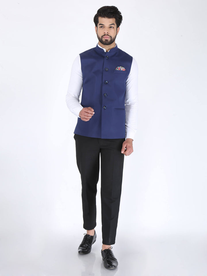 Men Wearing Navy Solid Formal Nehru Jacket on white shirt along with black black trouser and black formal shoes
