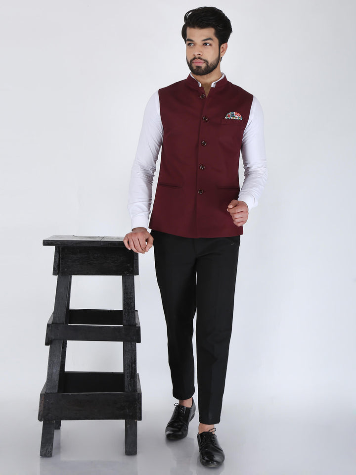 Display of model wearing Maroon Wine Solid Formal Nehru Jacket