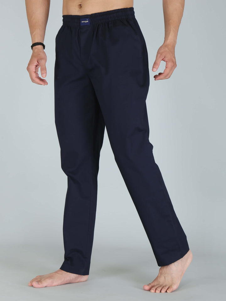 Solid Navy Blue Pure Cotton Pajamas For Men