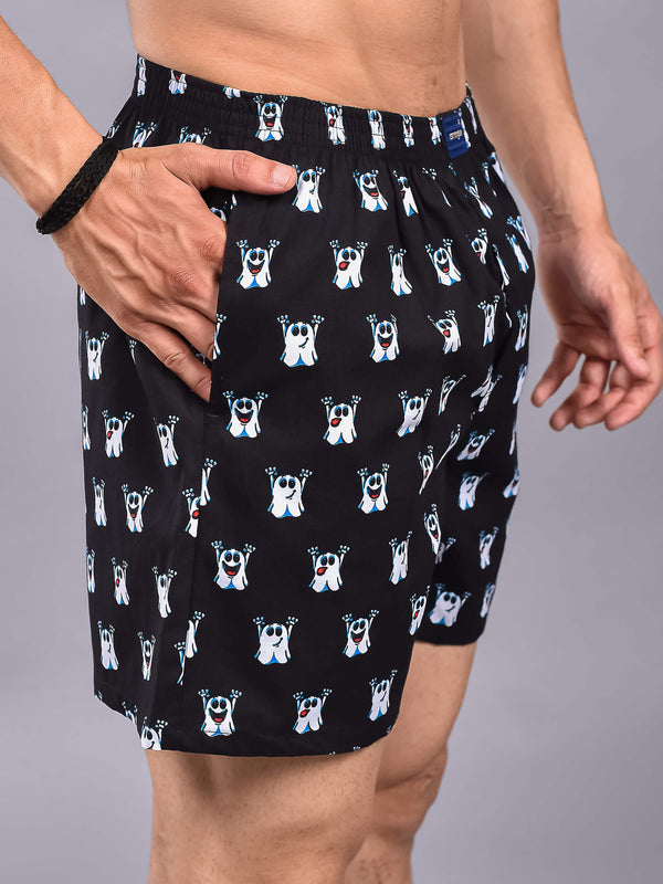 White Ghost Printed Cotton Boxer Shorts For Men