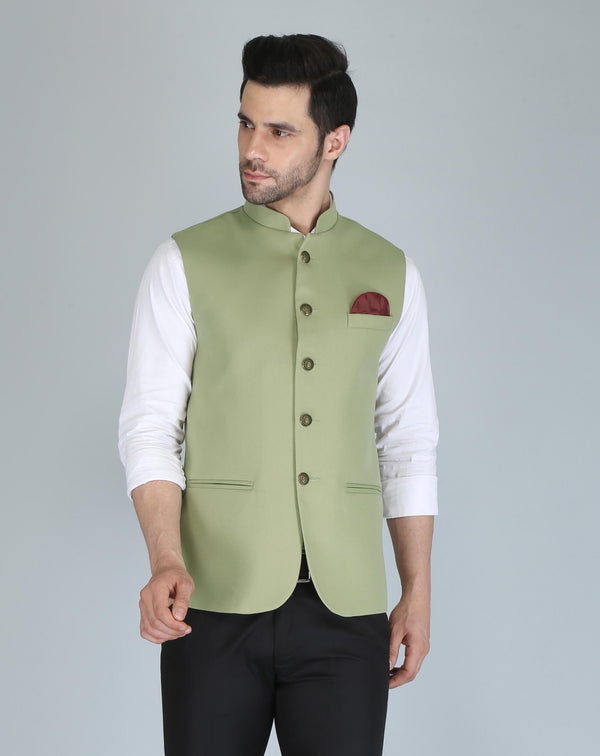 Solid Light Green Casual Nehru Jacket For Men