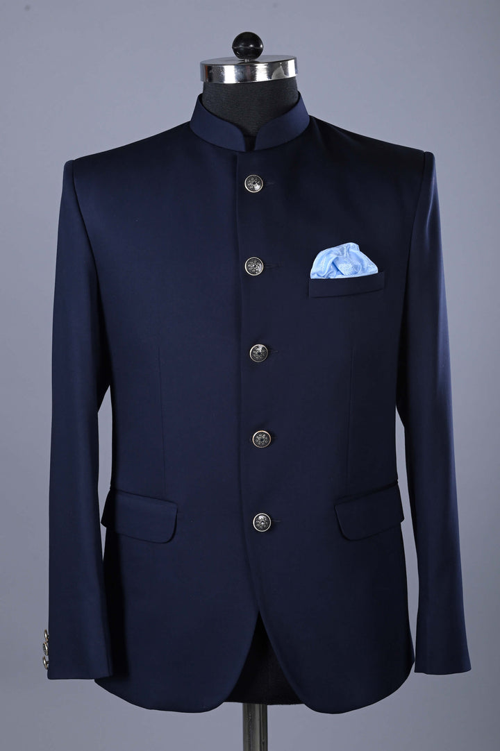 Navy Blue Jodhpuri Suit with Sky Blue Self Printed Pocket Square
