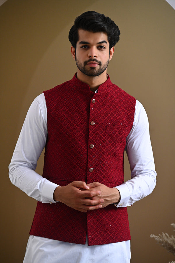 Maroon Glittering Embroidery Pure Cotton Nehru Jacket