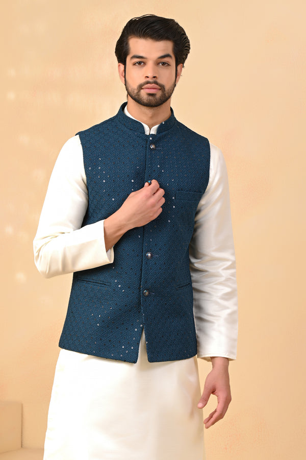 Rama Glittering Embroidery Pure Cotton Nehru Jacket