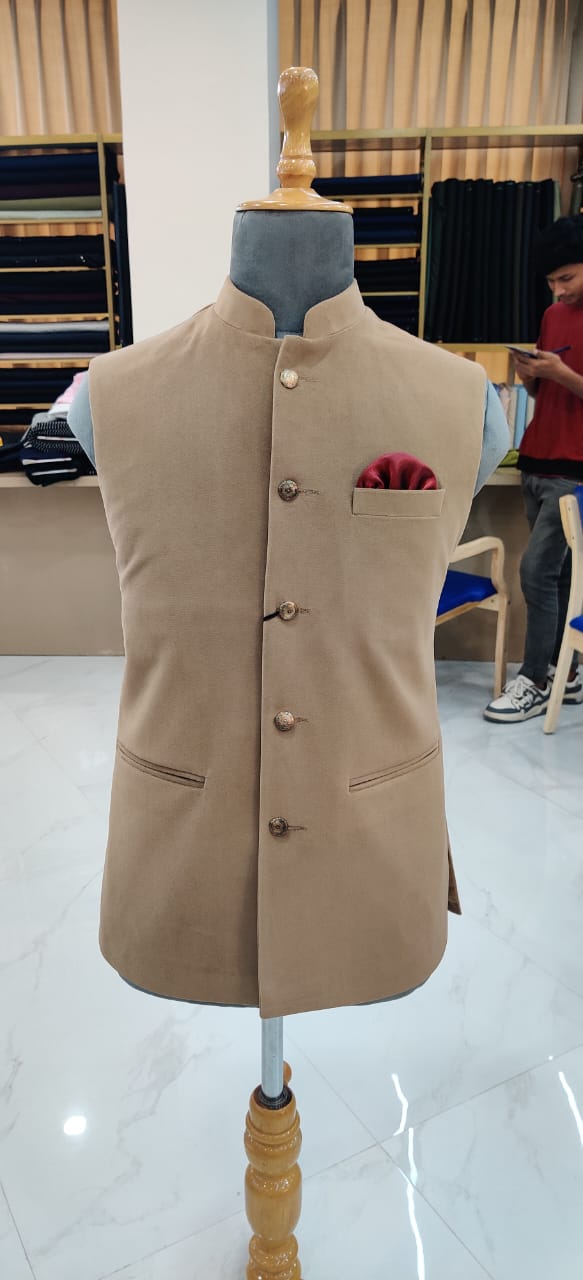 Beige Velvet Nehru Jacket for Men
