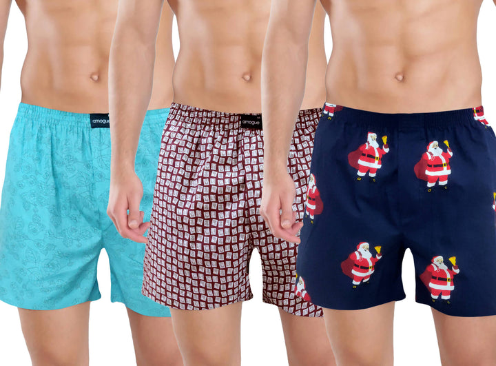 Teal Blue, Maroon, & Navy Printed Cotton Boxers For Men | Amogue