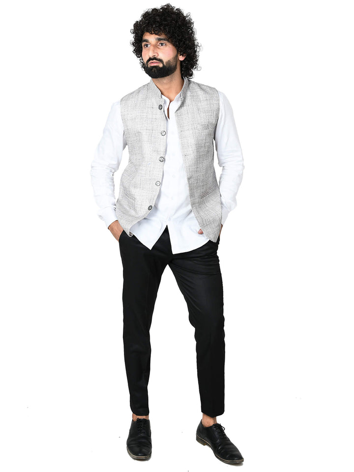 Model wearing Light Grey Checks Modi Mens Jacket on white shirt and black trouser | Amogue