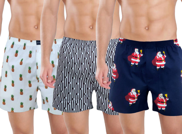White, Brown & Navy Santa Quirky Printed Boxers For Men