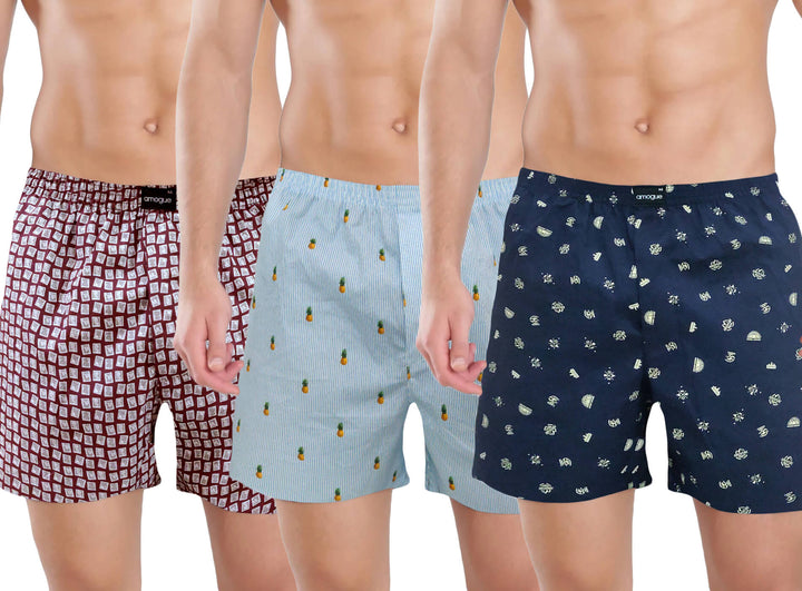 Maroon, Pineapple, Navy Printed Boxers Combo For Men | Amogue