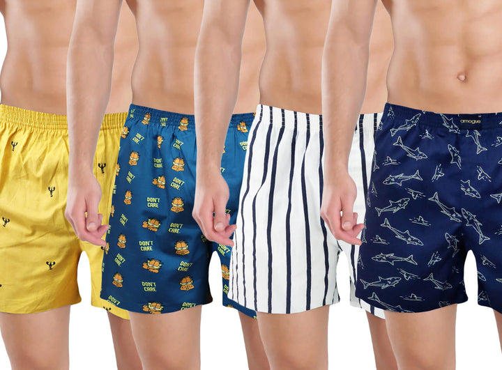 Yellow, Blue, White & Navy Printed Mens Boxers(Pack of 4) | Amogue