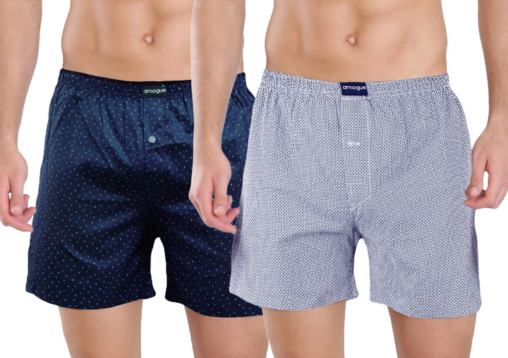 Navy Flower & Grey Dotted Printed Cotton Boxers For Men