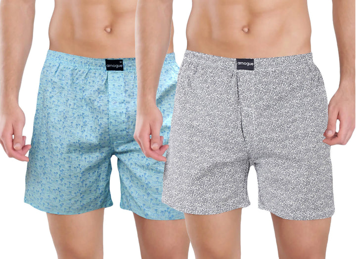 Teal Tree & Grey Printed Cotton Boxers For Men | Amogue