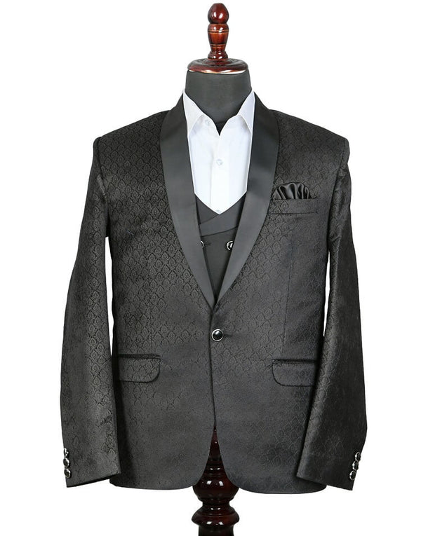 Black Self Printed Partywear Tuxedo Suit for Men