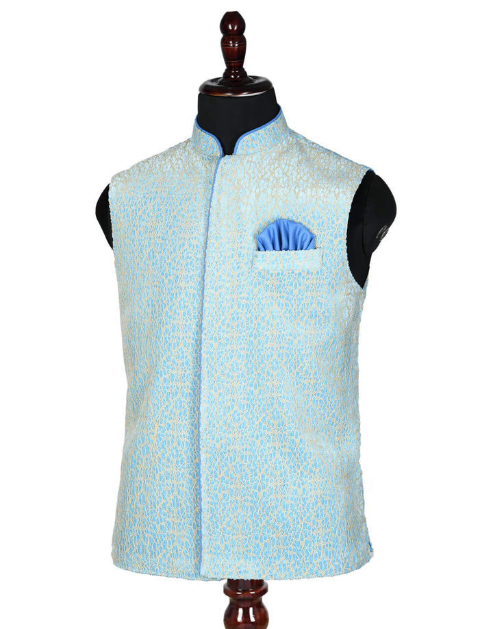 Close up view of Sky Blue Velvet Partywear Nehru Mens Jacket | Amogue