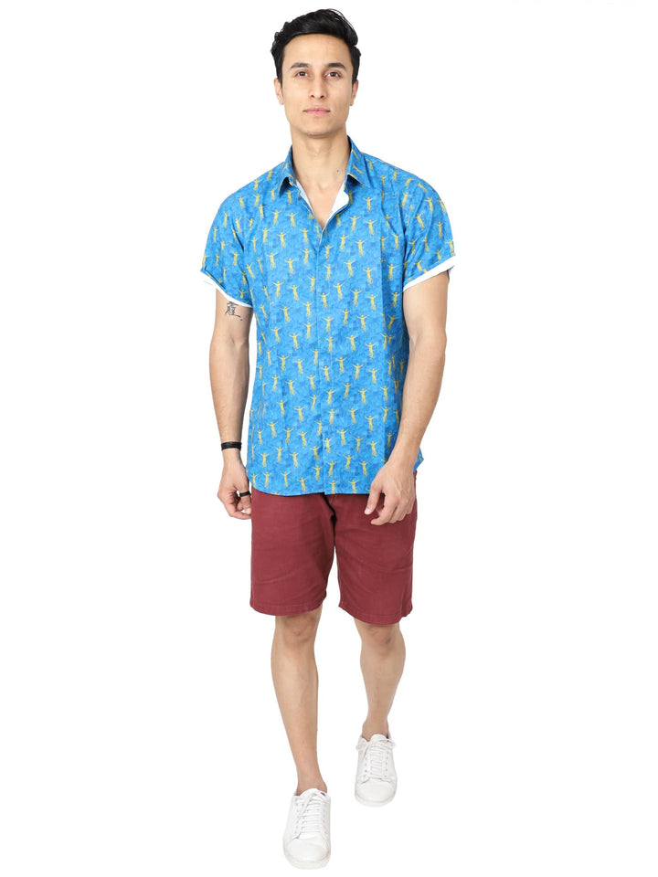 Model wearing half-sleeves digital printed light blue casual shirt