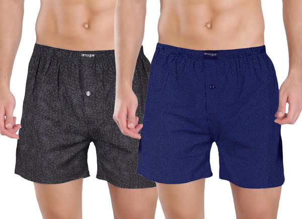 Charcoal Black & Navy Printed Cotton Boxers For Men