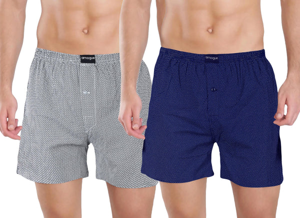 Grey & Navy Dotted Printed Cotton Boxers For Men