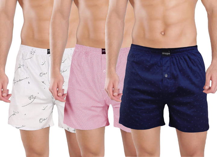 Grey, Pink, and Navy Printed Men's Cotton Boxers Combo | Amogue