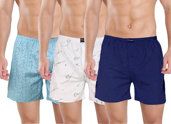 Teal, Blue, and Navy Printed Cotton Boxers Combo For Men | Amogue