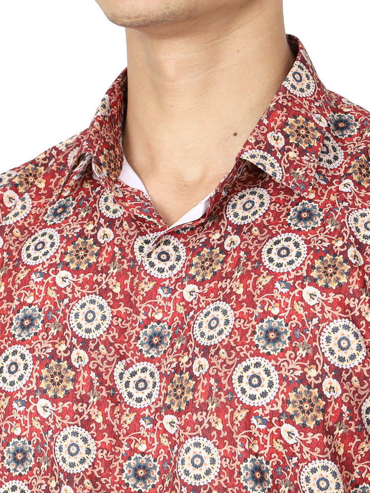 close up view of digital printed red casual shirt