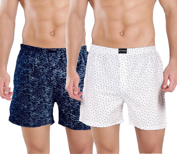 Bricked Blue & White Dotted Printed Cotton Boxers For Men
