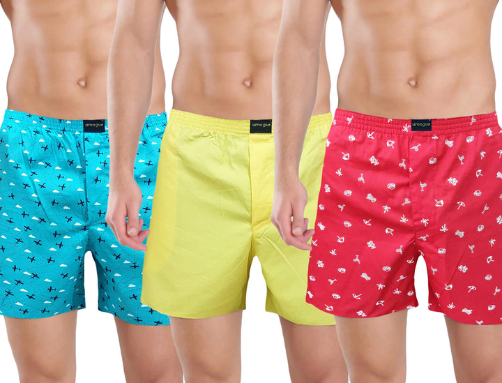 Blue Yellow & Red Printed Mens Cotton Boxers(Pack of 3)