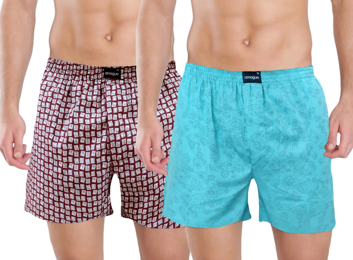 Maroon & Teal Blue Printed Cotton Boxers For Men