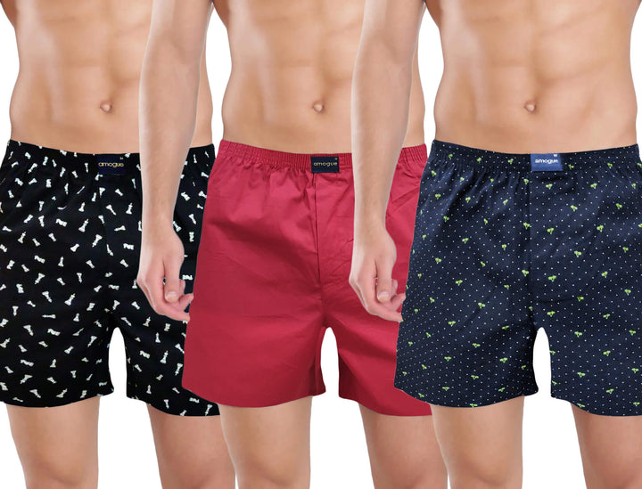 Black Maroon Navy Printed Cotton Boxers For Men(Pack of 3)