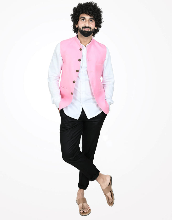 Model wearing Pink Solid Mens Modi Jacket on white shirt and black pant | Amogue