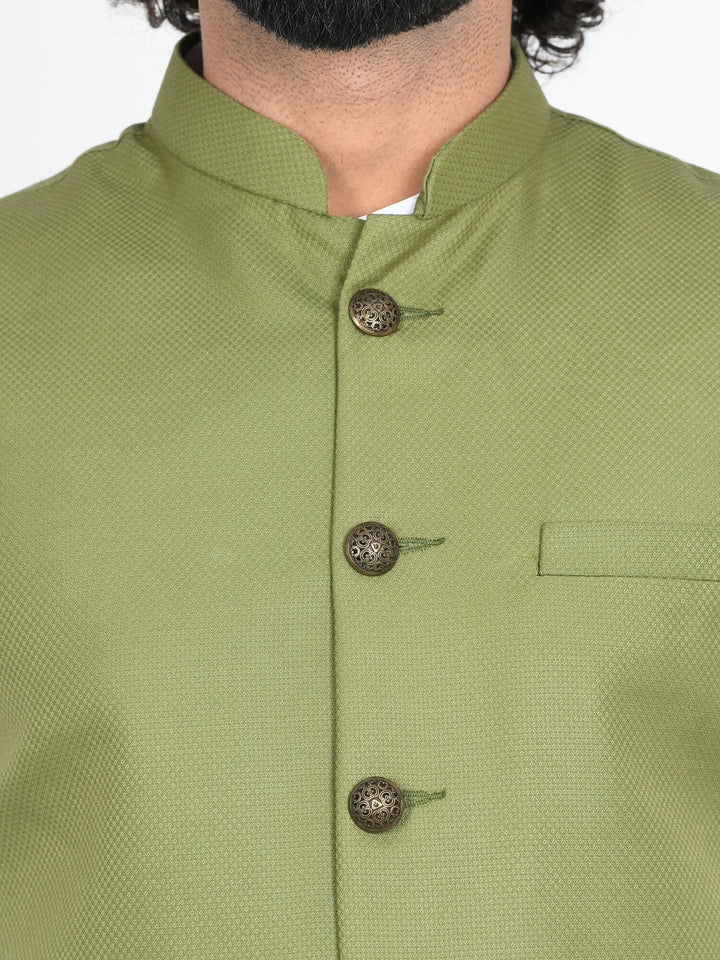 Close up view of Olive Green Solid Modi Jacket | Amogue