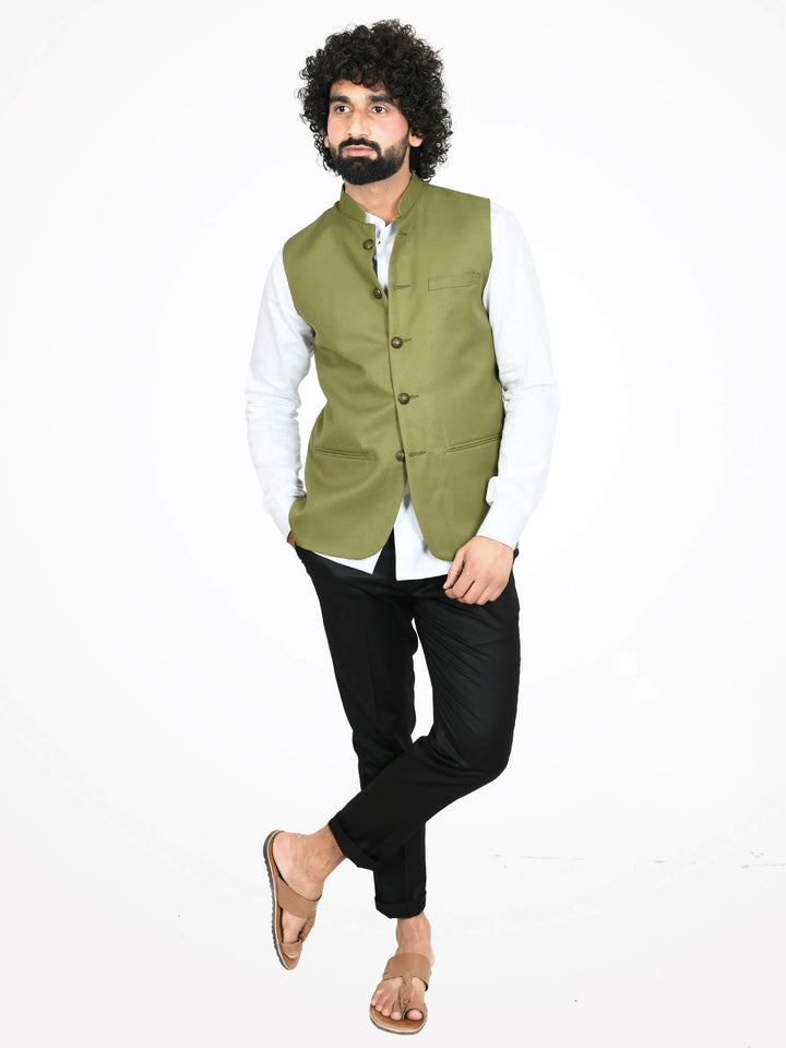 Model wearing Olive Green Solid Modi Jacket on White shirt and black trouser | Amogue