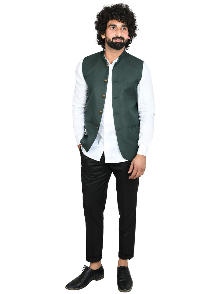 Model wearing Dark Green Solid Modi Mens Jacket on white shirt and black trouser | Amogue