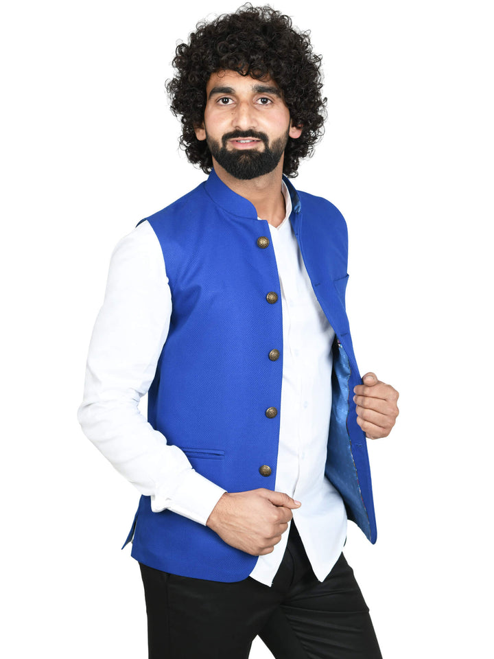 Side view of Royal Blue Solid Mens Modi Jacket | Amogue