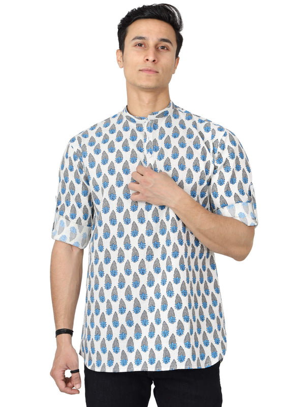 White Handblock Printed Kurta Shirt For Men