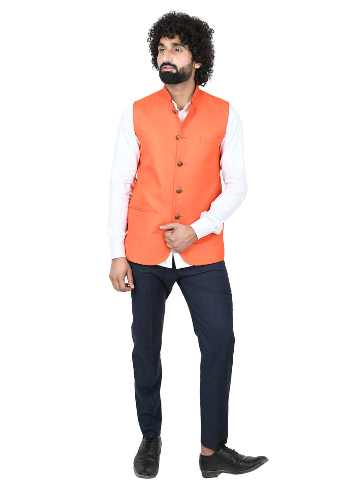 Model wearing Orange Solid Modi Men Jacket on white shirt and black trouser | Amogue
