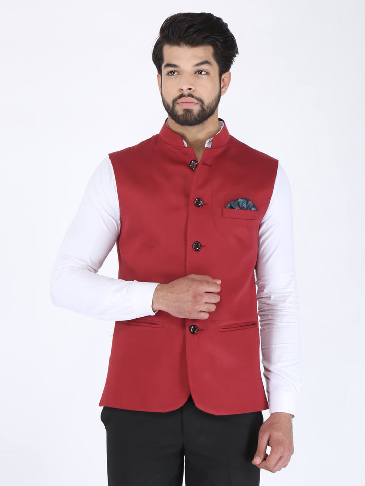 Red Solid Formal Nehru Jacket | Amogue