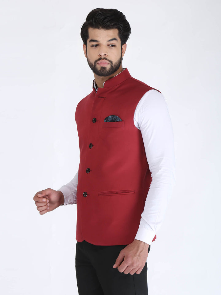 Side view of Red Solid Formal Nehru Jacket | Amogue