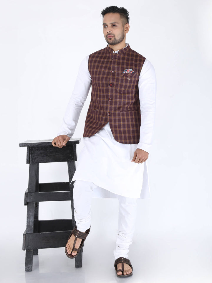 Model wearing Brown Checks Formal Nehru Jacket on white kurta pajama
