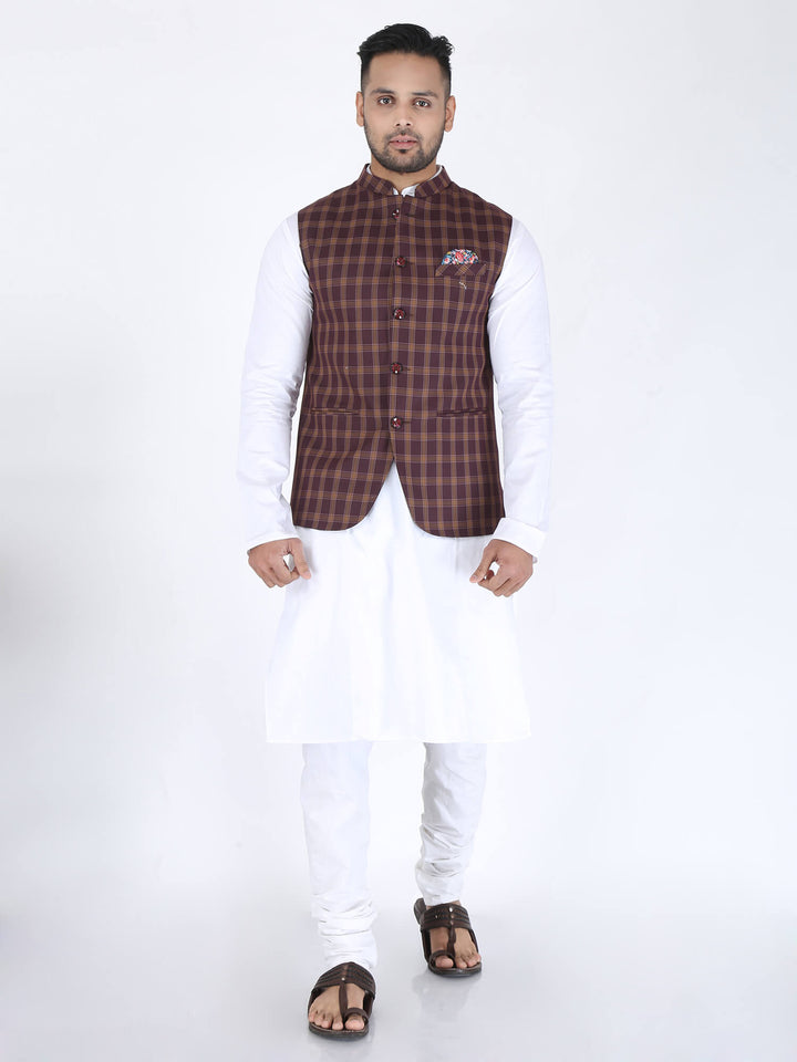 Model wearing Brown Checks Formal Nehru Jacket on white kurta pajama | Amogue