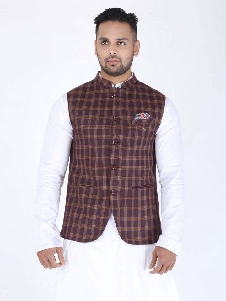 Brown Checks Formal Nehru Jacket | Amogue