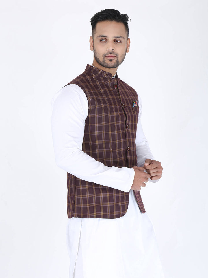 Side view of Brown Checks Formal Nehru Jacket | Amogue