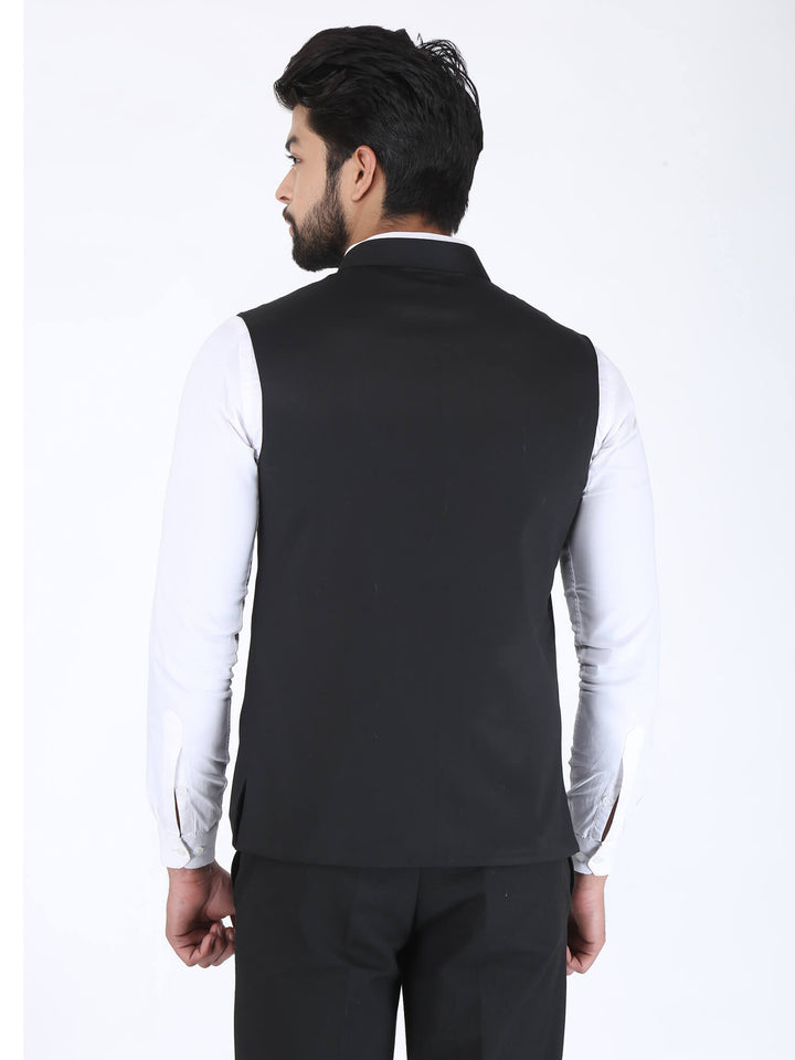 Back view of Black Solid Formal Nehru Jacket | Amogue