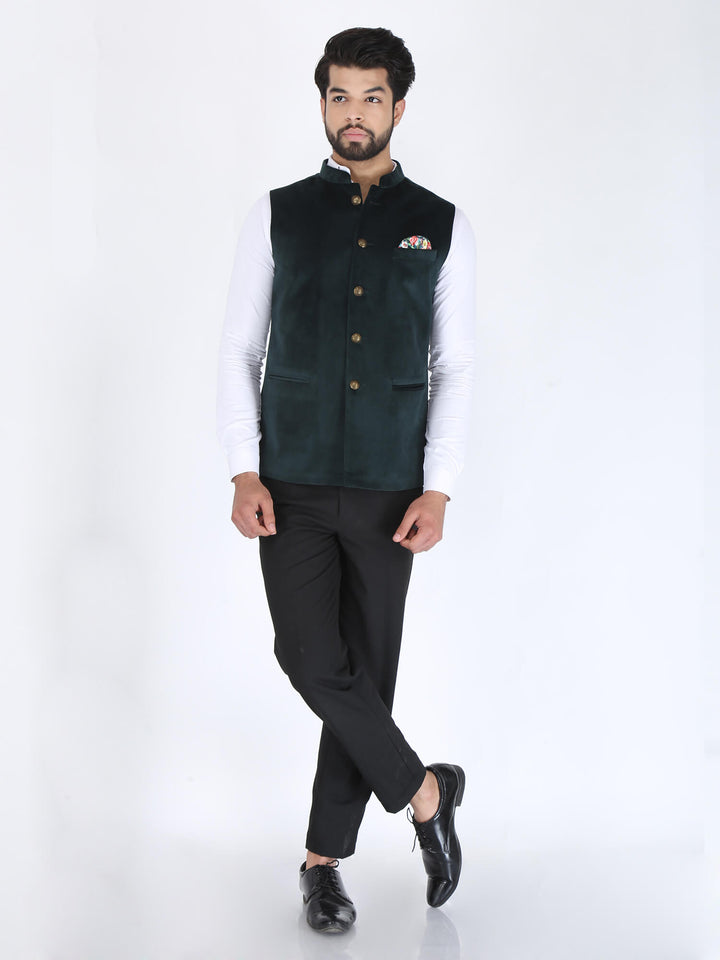 Model wearing Dark Green Velvet Partywear Nehru Jacket