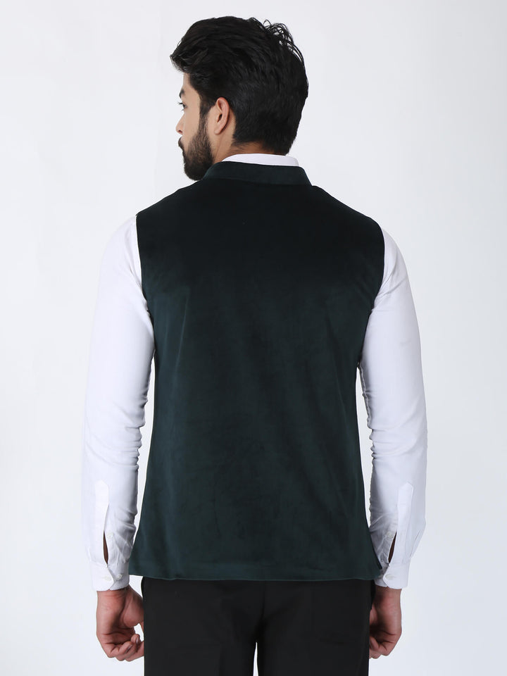 Back view of Dark Green Velvet Partywear Nehru Jacket