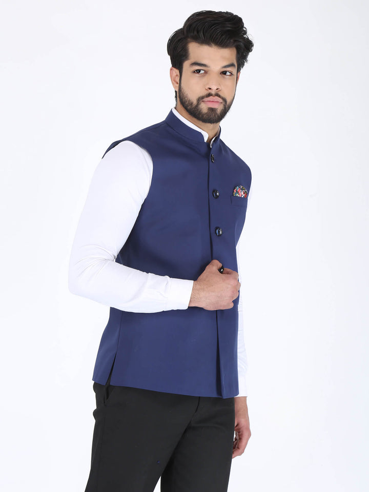 Different Angled view of Navy Solid Formal Nehru Jacket | Amogue